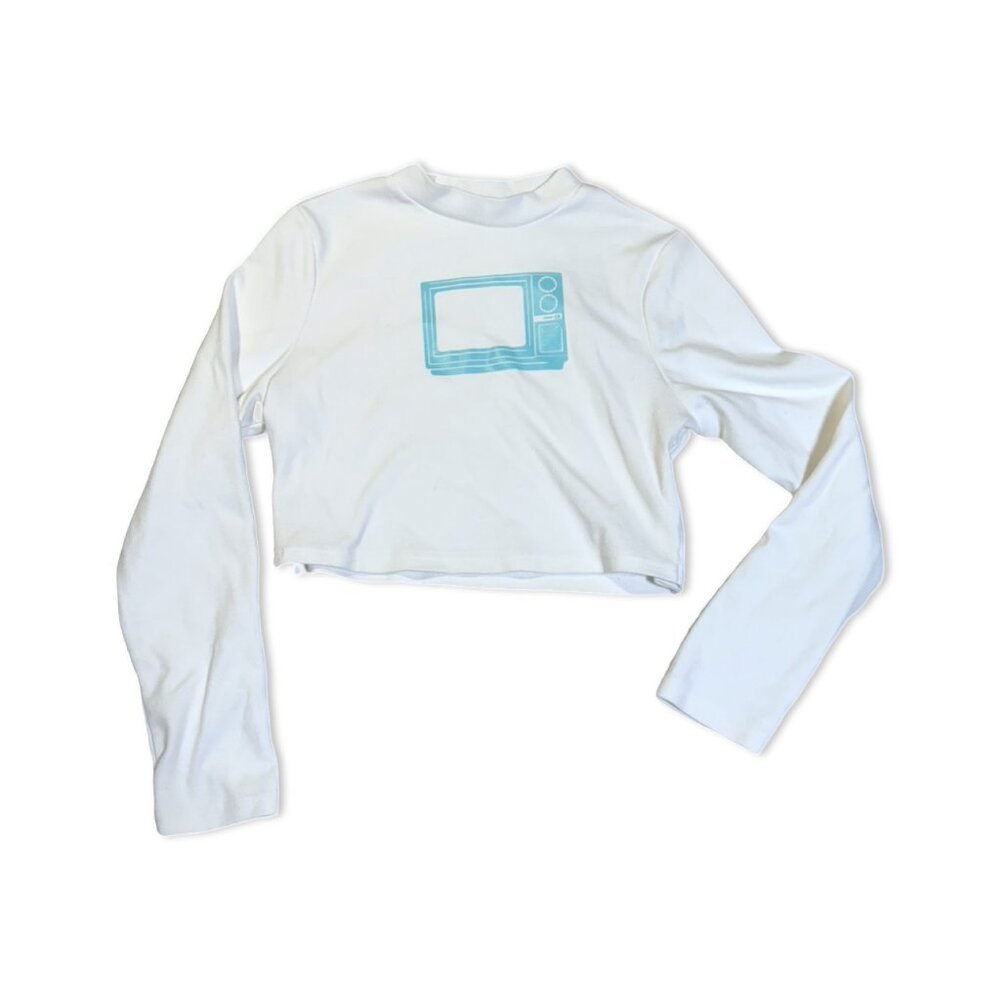 y2k upcycled handmade white long sleeve crop top with retro graphic - Size 1XL